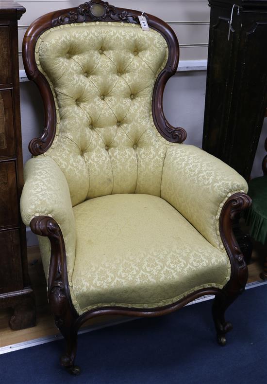 A Victorian mahogany button back armchair with brass presentation plaque relating to Reverend Adams of The Sabbath School of Salem Chur